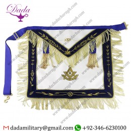 Masonic Sun Symbol Regalia Master Apron White Leather Black Side with Golden Tassels and Golden Jewels