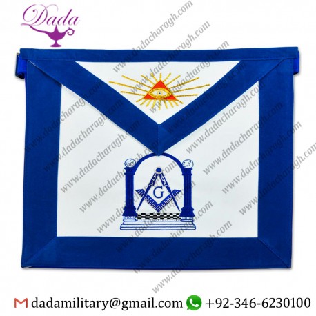 Master Mason Square & Compass with Columns Masonic Apron - Blue and White