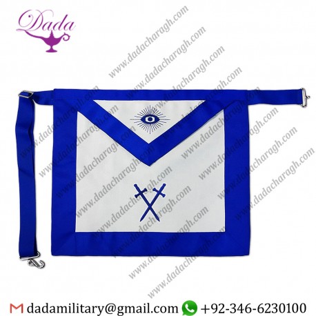 Master of Ceremony Blue Ribbon Border White Synthetic Leather Masonic Apron