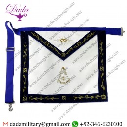 Past Master Mason White Leather Apron Blue Grosgrain Ribbon Borders Masonic Apron