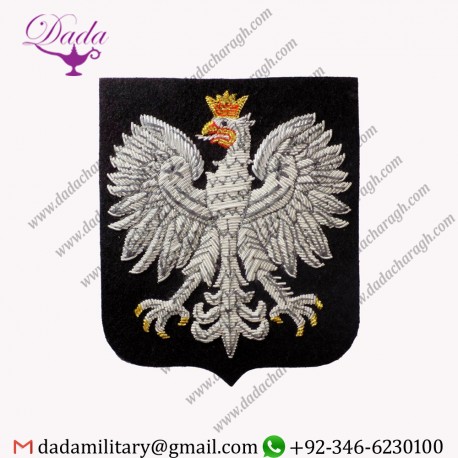 POLISH POLAND COAT OF ARMS BLAZER BADGE GOLD BULLION ON BLACK FELT HAND MADE