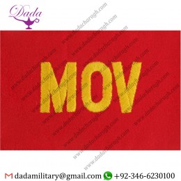 ROYAL AIR FORCE MOVEMENT CONTROL - YELLOW 'MOV' ON RED ARMBAND FELT ARM-BAND OR BRASSARD