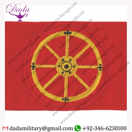 ROYAL LOGISTIC CORPS MOVEMENT CONTROL - YELLOW WHEEL ON RED ARMBAND EMBROIDERED ARM-BAND OR BRASSARD